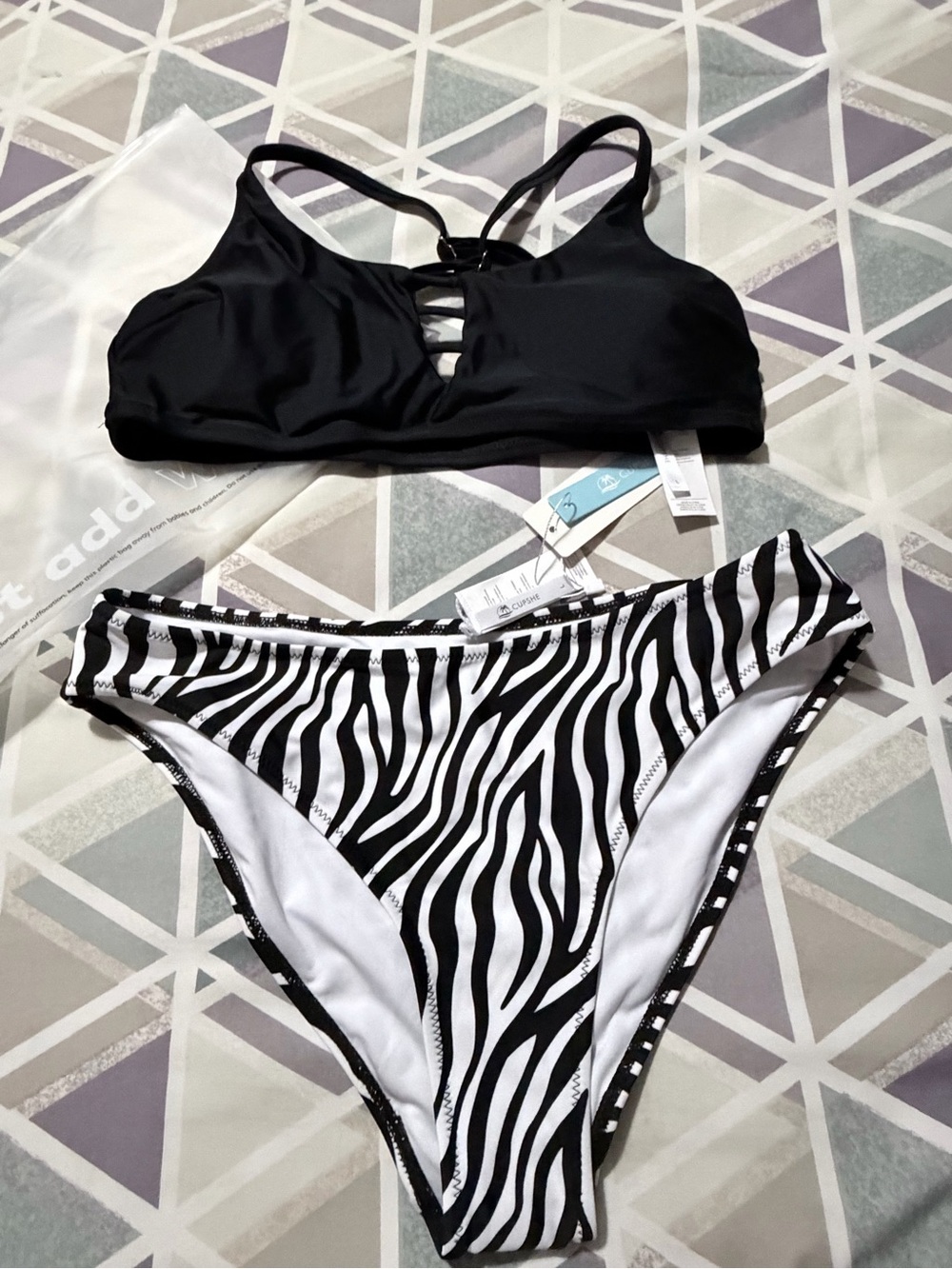Cupshe Black Strappy Bikini Top with Black & White Zebra High-Cut Bottoms